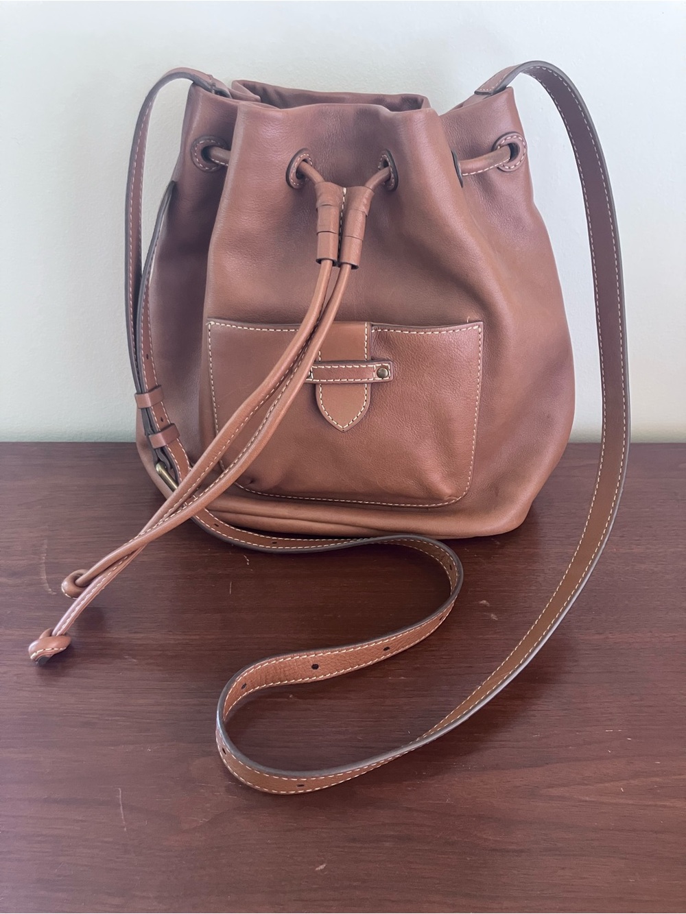 Frye Cognac Leather Drawstring Bucket Bag